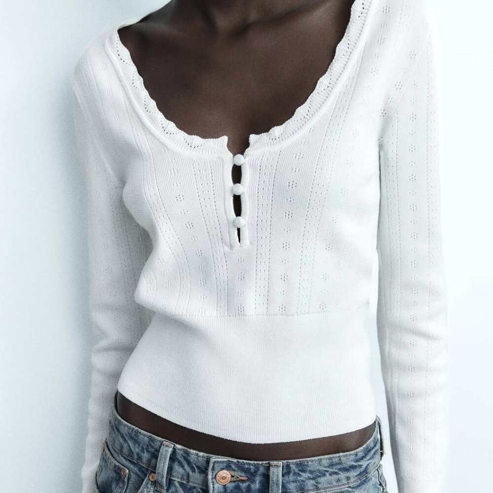 Zara White Pointelle Long Sleeve Top